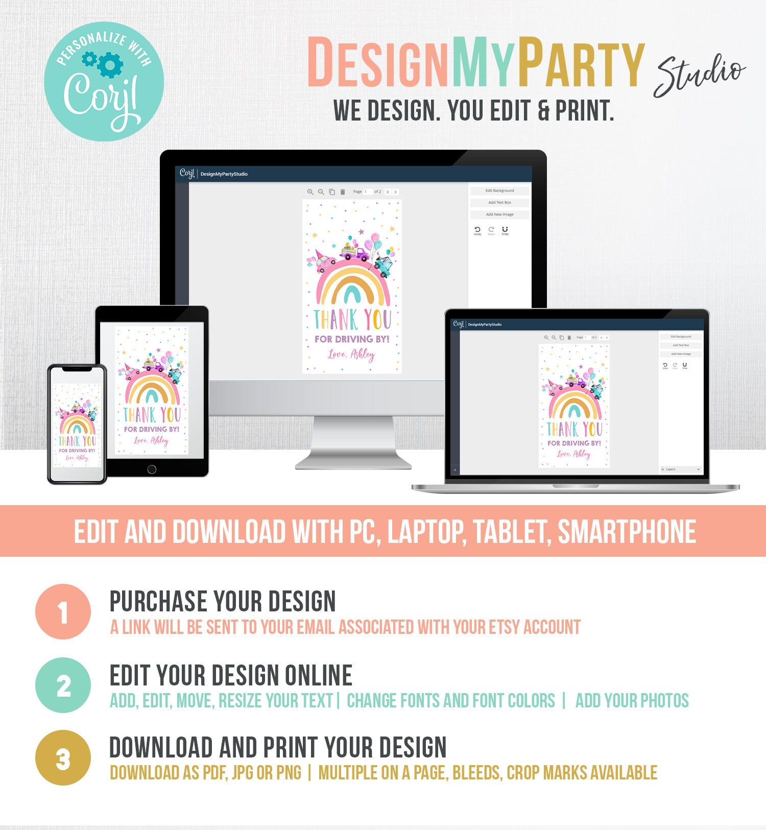 Editable Rainbow Favor Tag Drive By Birthday Favors Party Parade Magical Rainbow Thank You Gift Tags Pink Girl Corjl Template Printable 0333
