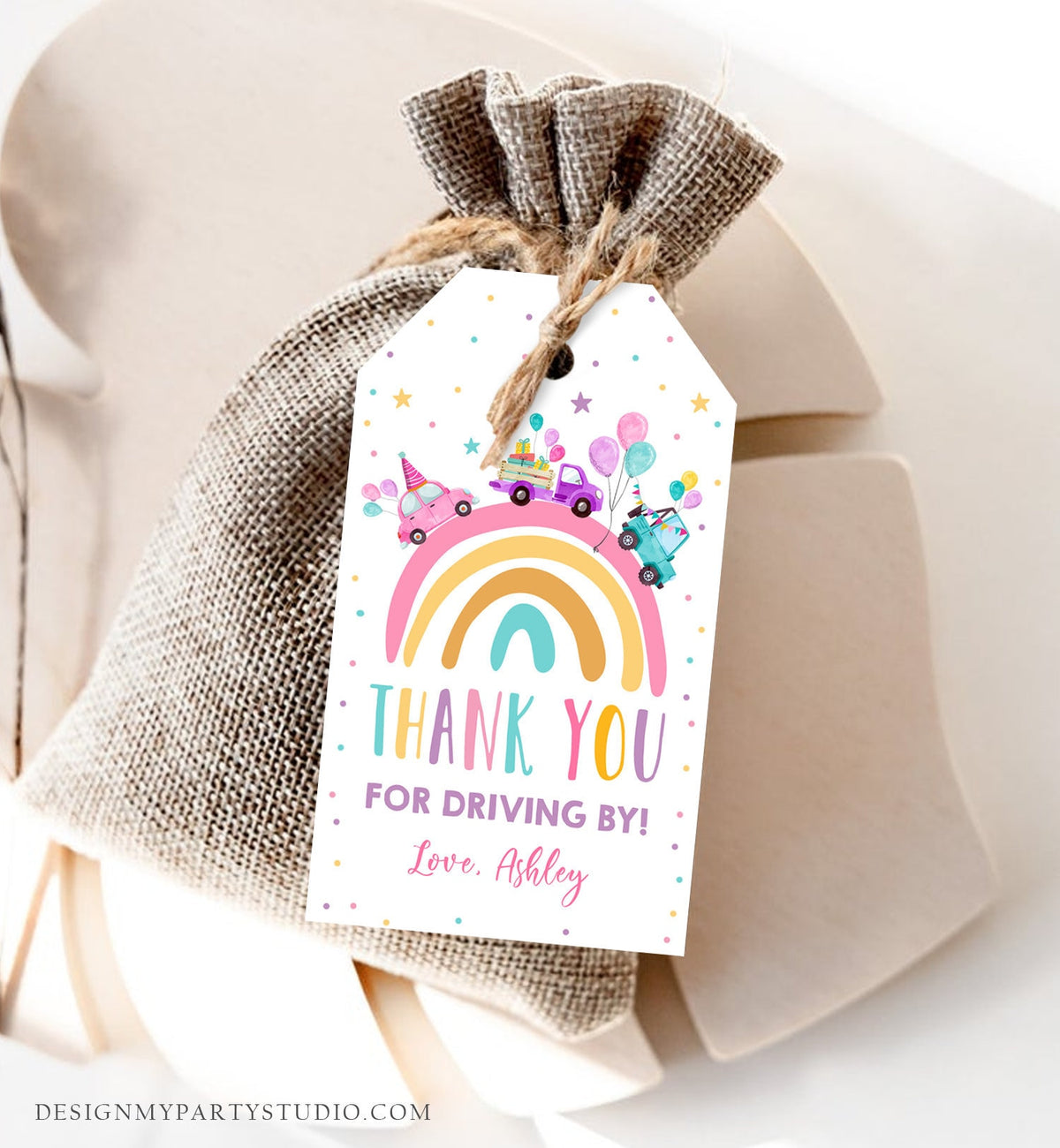 Editable Rainbow Favor Tag Drive By Birthday Favors Party Parade Magical Rainbow Thank You Gift Tags Pink Girl Corjl Template Printable 0333