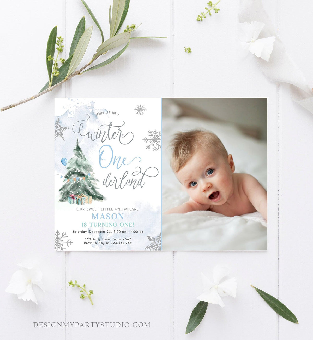 Editable Winter ONEderland Birthday Invitation First Birthday 1st Boy Blue Grey Snow Watercolor Tree Christmas Snowflake Corjl Template 0363