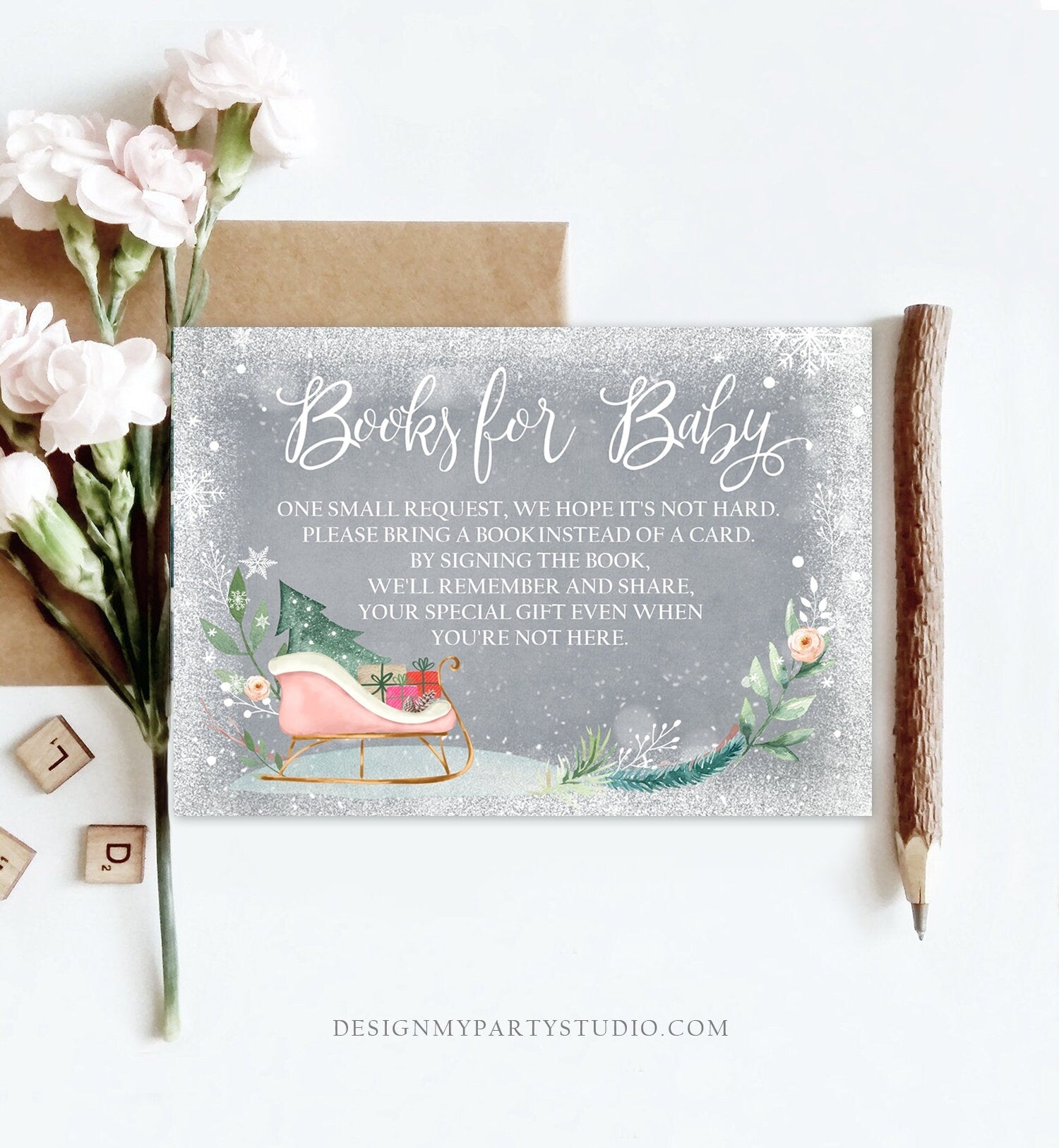 Editable Baby Its Cold Outside Bring a Book Card Winter Baby Shower Books for Baby Insert Gender Neutral Sleigh Template Download Corjl 0353