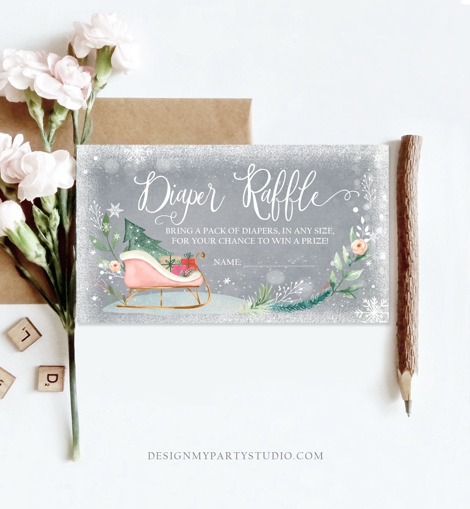 Editable Winter Diaper Raffle Ticket Its Cold Outside Baby shower Diaper Game Sleigh Diaper Ticket Shower Game Template PRINTABLE Corjl 0353