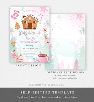 Editable Gingerbread House Decorating Party Invitation Land of Sweets Pink Silver Cookie Decorating Download Printable Template Corjl 0352
