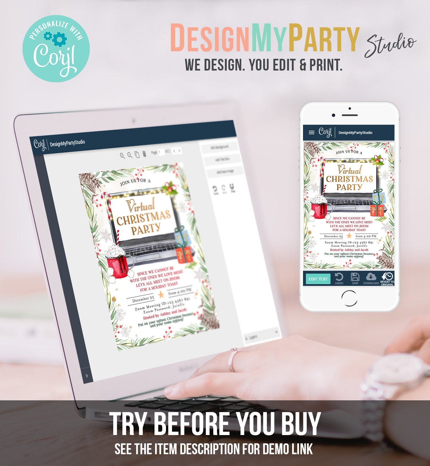 Editable Virtual Christmas Party Invitation Christmas Toast Zoom Invite Quarantine Social Distancing Laptop Printable Template Corjl 0356