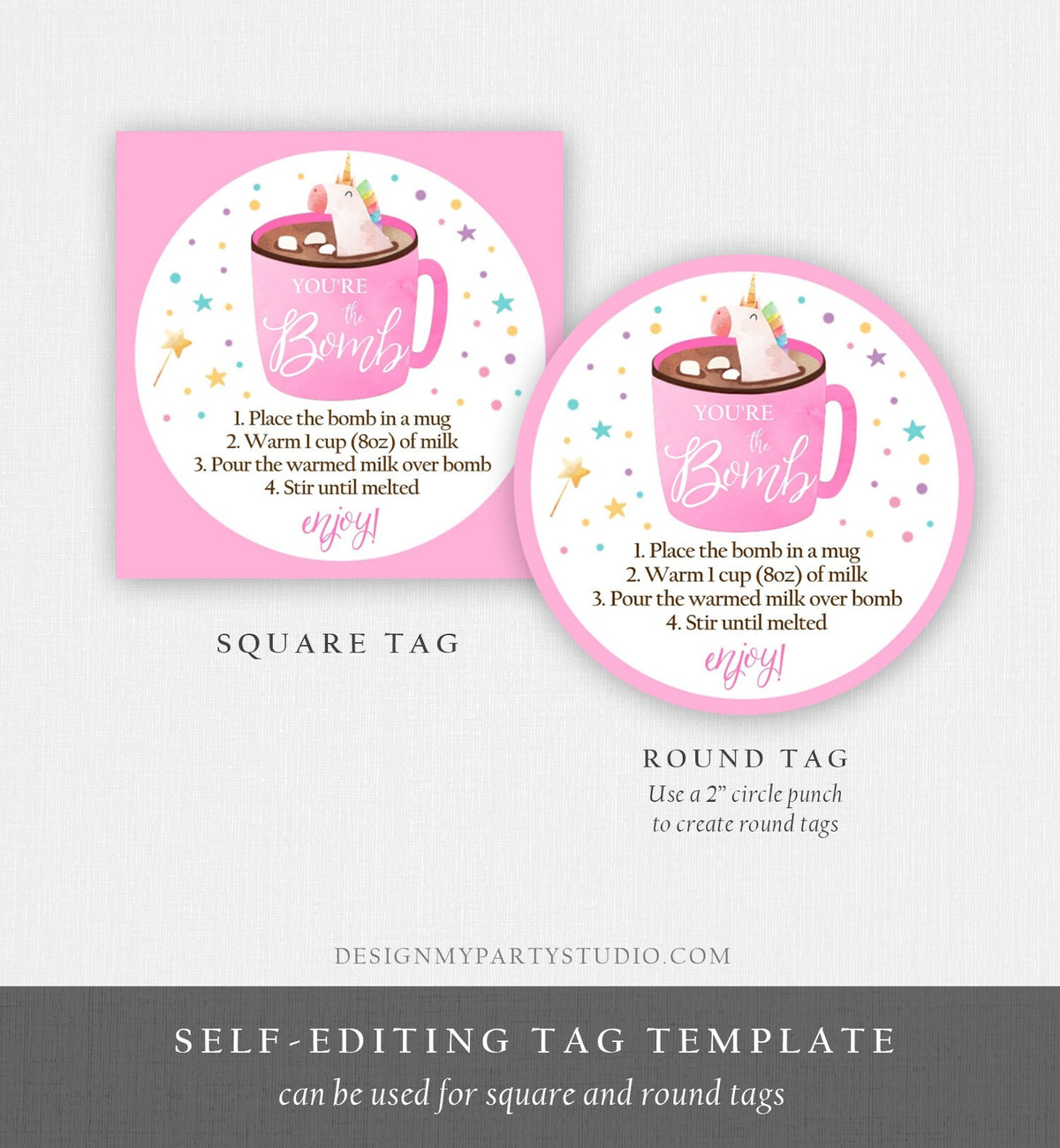 Editable Unicorn Hot Chocolate Bomb Tags Bomb Instructions Valentine Christmas You&#39;re The Bomb Sticker Magical Pink Digital PRINTABLE 0336
