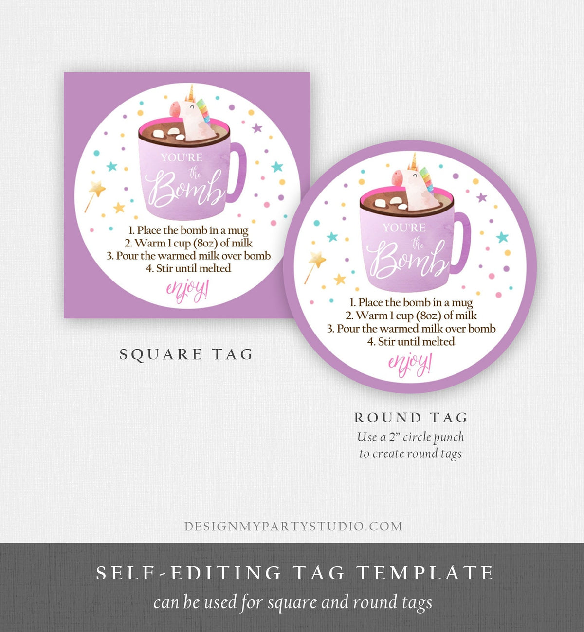 Editable Unicorn Hot Chocolate Bomb Tags Bomb Instructions Valentine Christmas You&#39;re The Bomb Sticker Magical Purple Digital PRINTABLE 0336