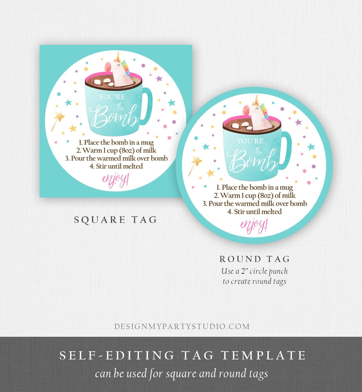 Editable Unicorn Hot Chocolate Bomb Tags Bomb Instructions Valentine Christmas You&#39;re The Bomb Sticker Magical Teal Digital PRINTABLE 0336