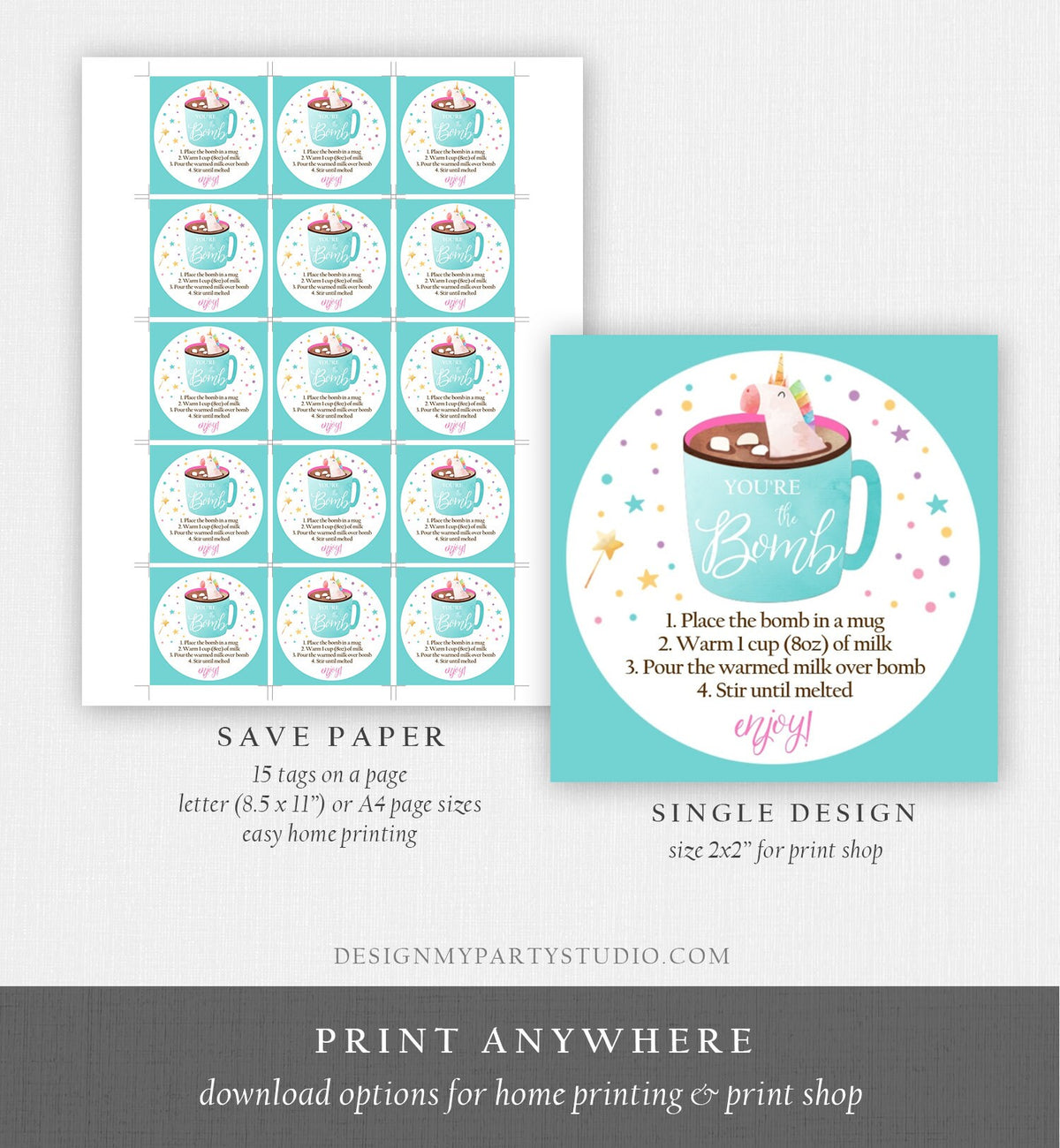 Editable Unicorn Hot Chocolate Bomb Tags Bomb Instructions Valentine Christmas You&#39;re The Bomb Sticker Magical Teal Digital PRINTABLE 0336