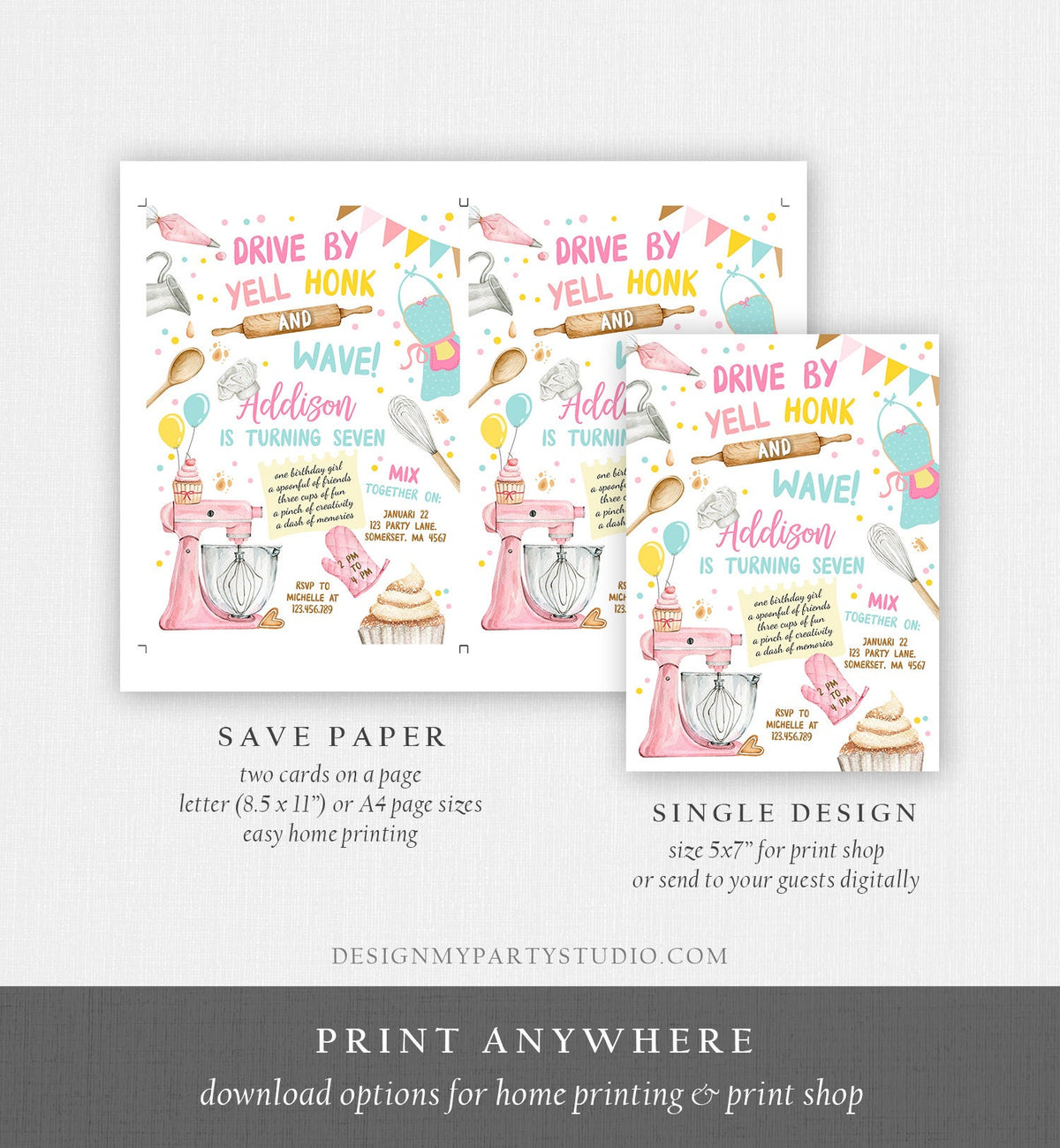 Editable Baking Drive By Birthday Party Invitation Kids Cooking Drive Through Girl Chef Kitchen Cupcakes Pink Corjl Template Printable 0364