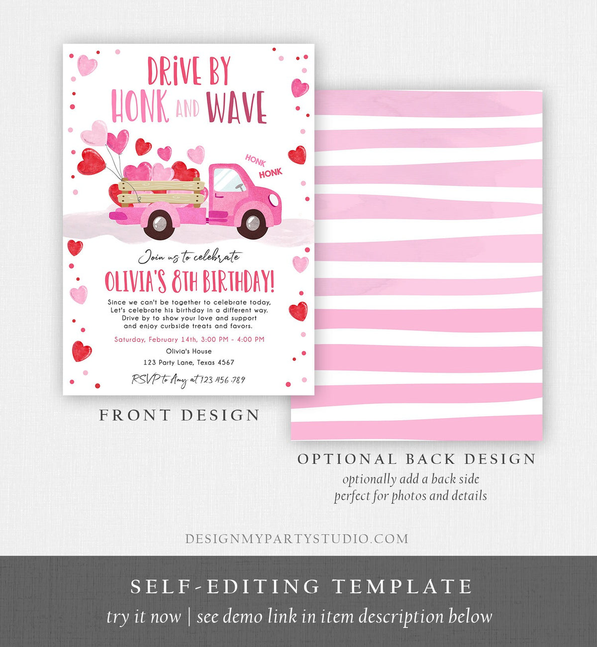 Editable Little Sweetheart Drive By Birthday Invitation Valentine Girl Hearts Pink Drive Through First 1st Corjl Template Printable 0365