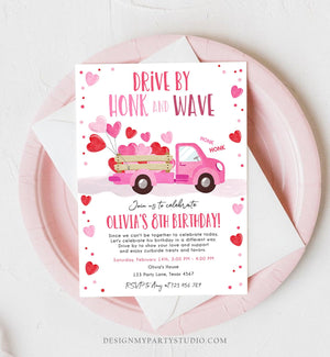 Editable Little Sweetheart Drive By Birthday Invitation Valentine Girl Hearts Pink Drive Through First 1st Corjl Template Printable 0365