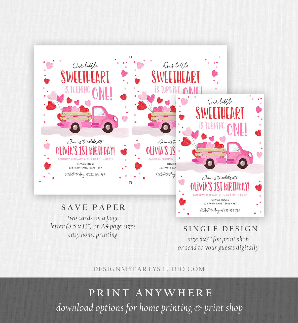 Editable Little Sweetheart Birthday Invitation Valentine Girl Hearts Pink Red First Birthday 1st Download Corjl Template Printable 0365
