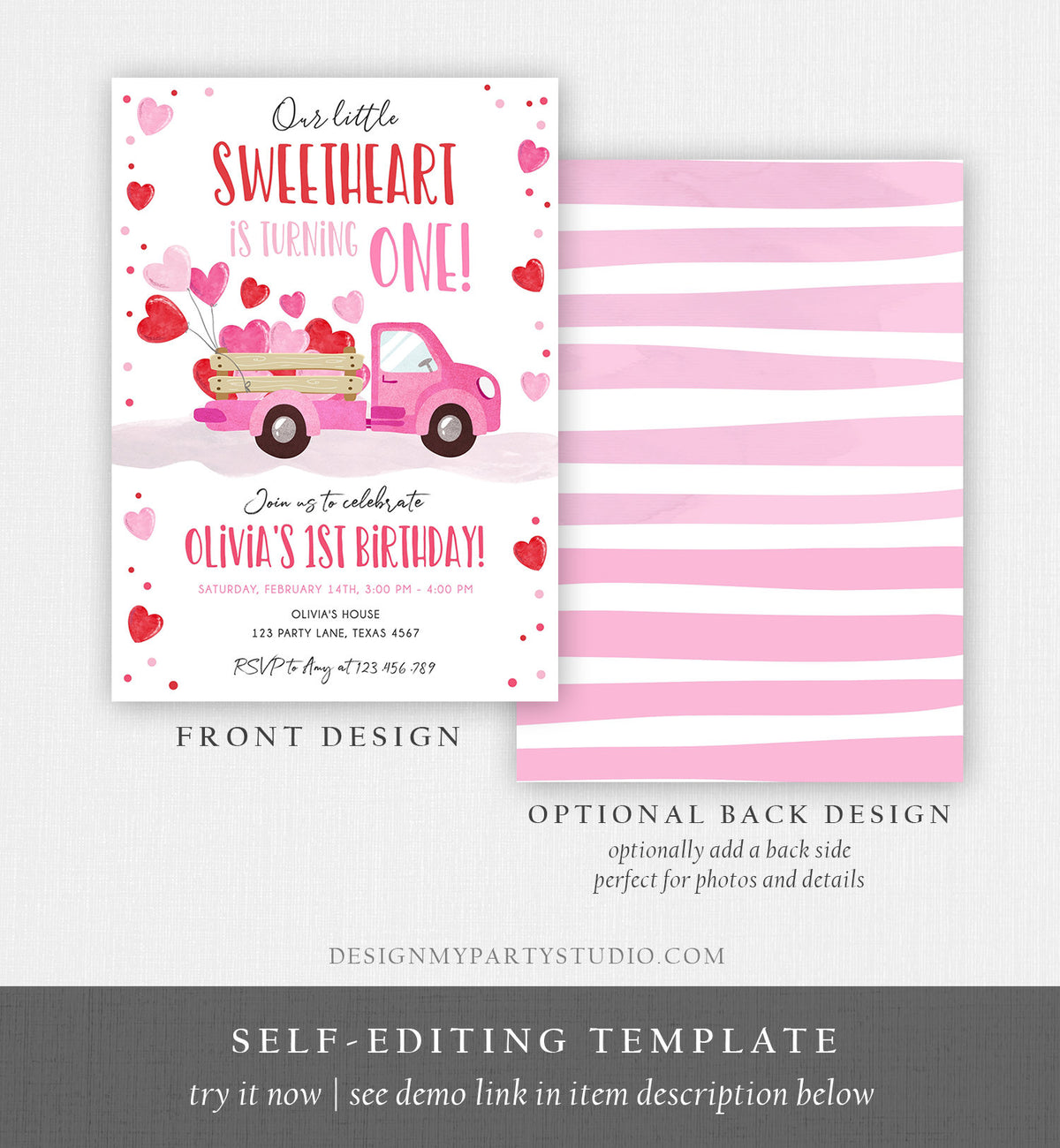 Editable Little Sweetheart Birthday Invitation Valentine Girl Hearts Pink Red First Birthday 1st Download Corjl Template Printable 0365