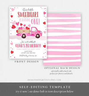 Editable Little Sweetheart Birthday Invitation Valentine Girl Hearts Pink Red First Birthday 1st Download Corjl Template Printable 0365