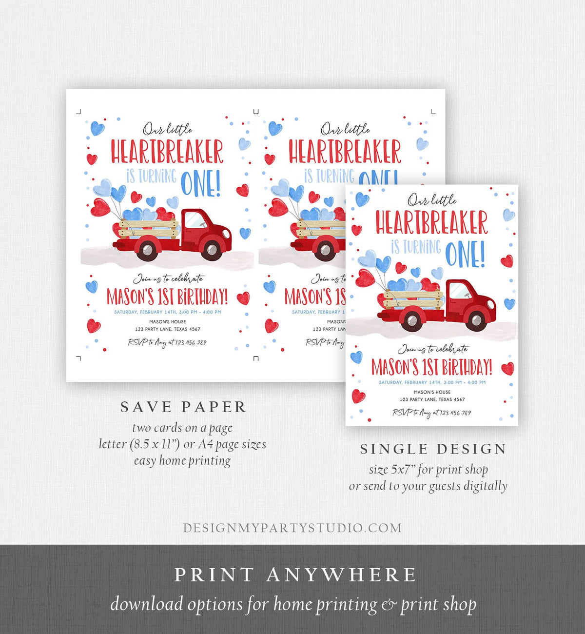 Editable Little Heartbreaker Birthday Invitation Valentine Boy Sweetheart Red Blue First Birthday 1st Download Corjl Template Printable 0365