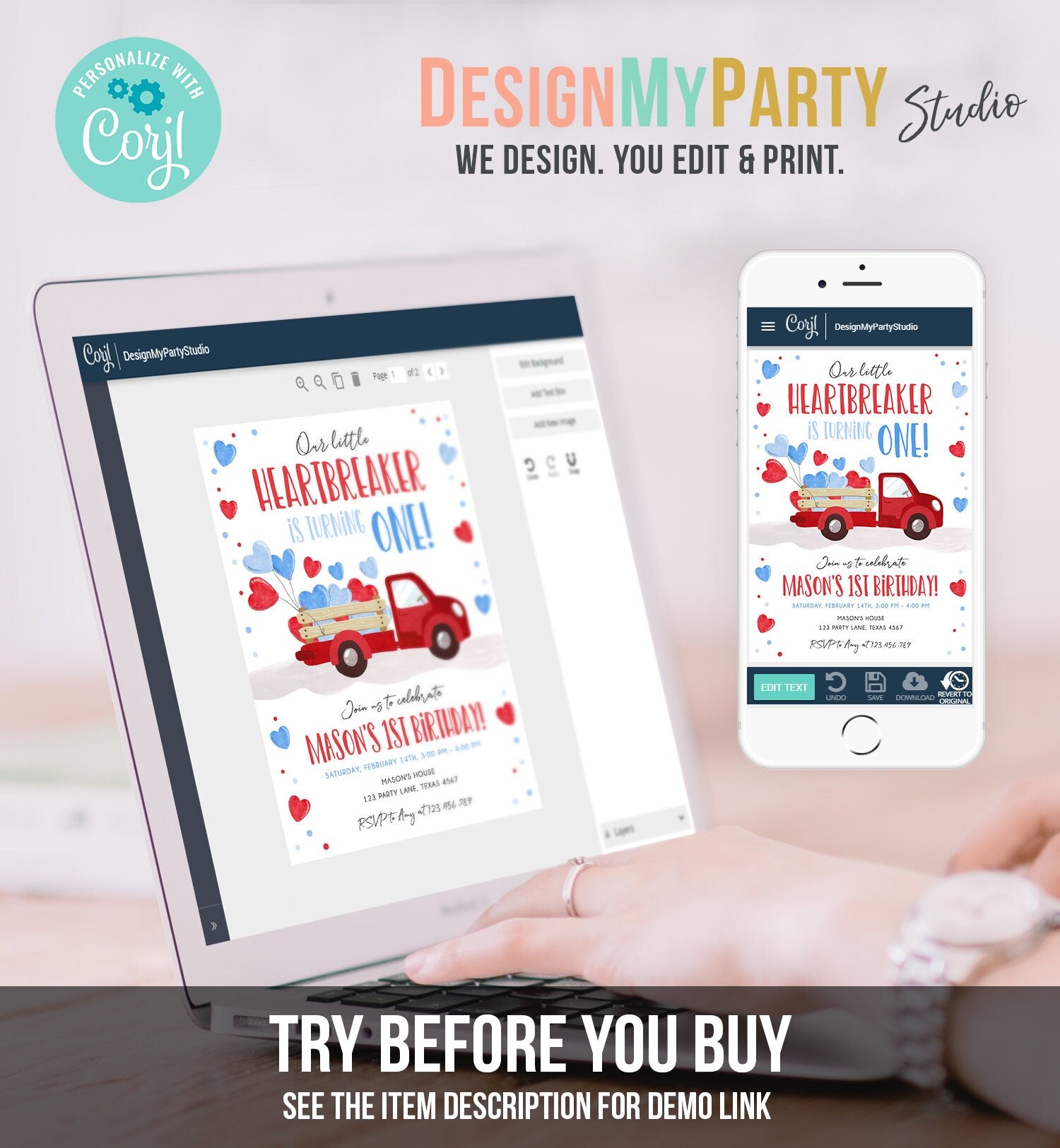 Editable Little Heartbreaker Birthday Invitation Valentine Boy Sweetheart Red Blue First Birthday 1st Download Corjl Template Printable 0365