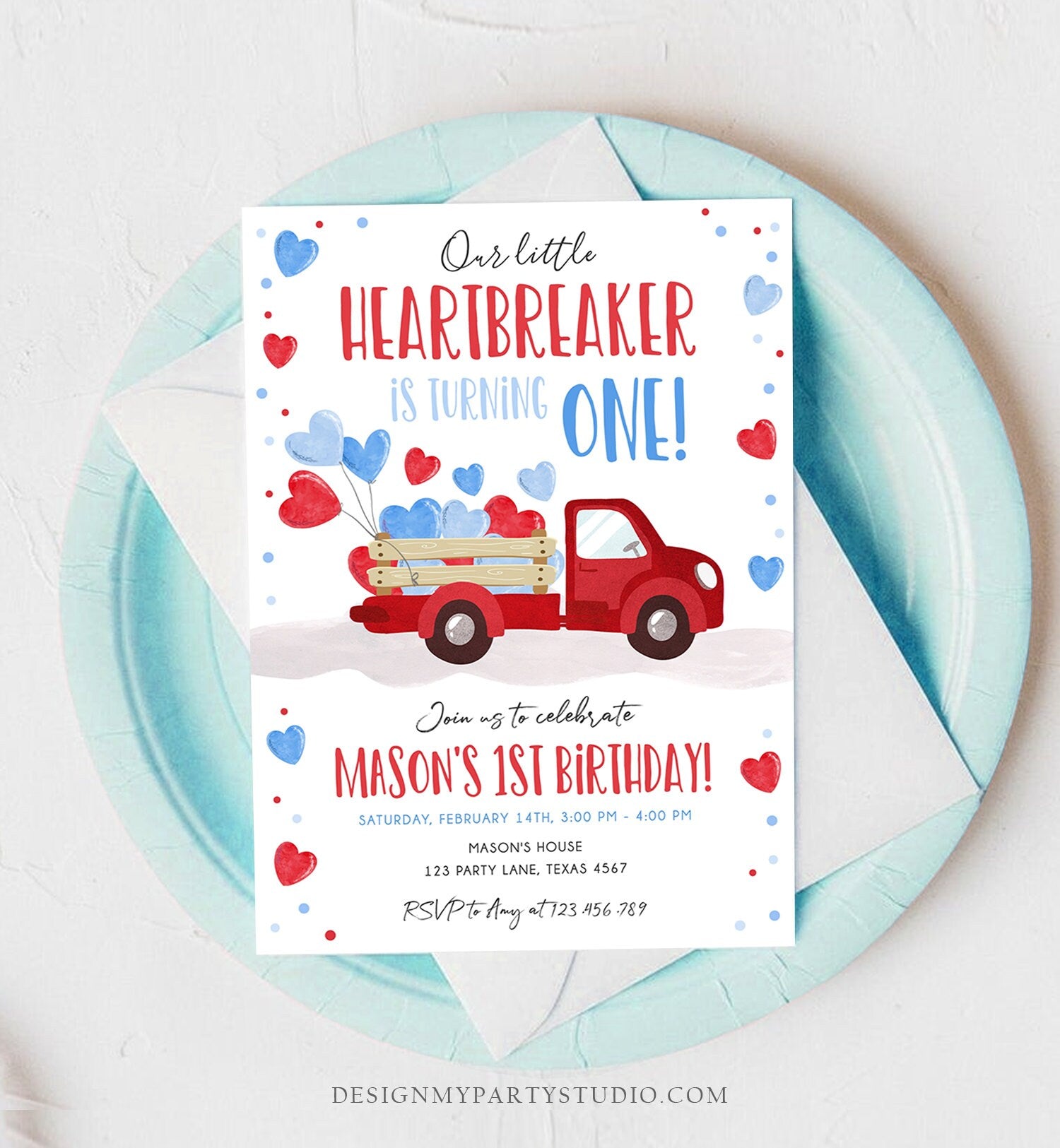 Editable Little Heartbreaker Birthday Invitation Valentine Boy Sweetheart Red Blue First Birthday 1st Download Corjl Template Printable 0365