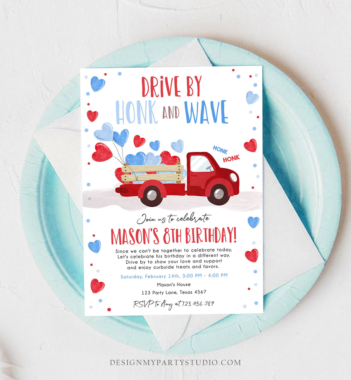 Editable Little Heartbreaker Drive By Birthday Invitation Valentine Boy Sweetheart Red Blue Drive Through Corjl Template Printable 0365