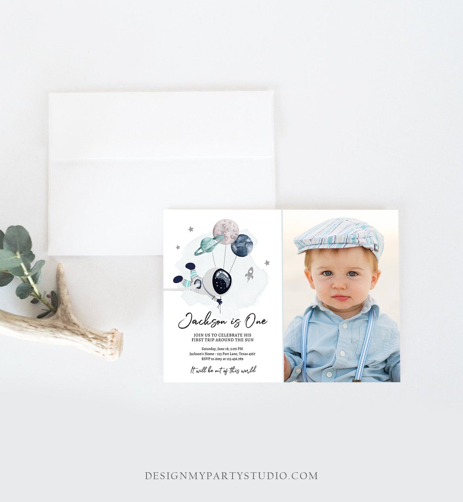 Editable Outer Space Birthday Invitation Out of this World Astronaut Trip Around the Sun Download Printable Template Digital Corjl 0366