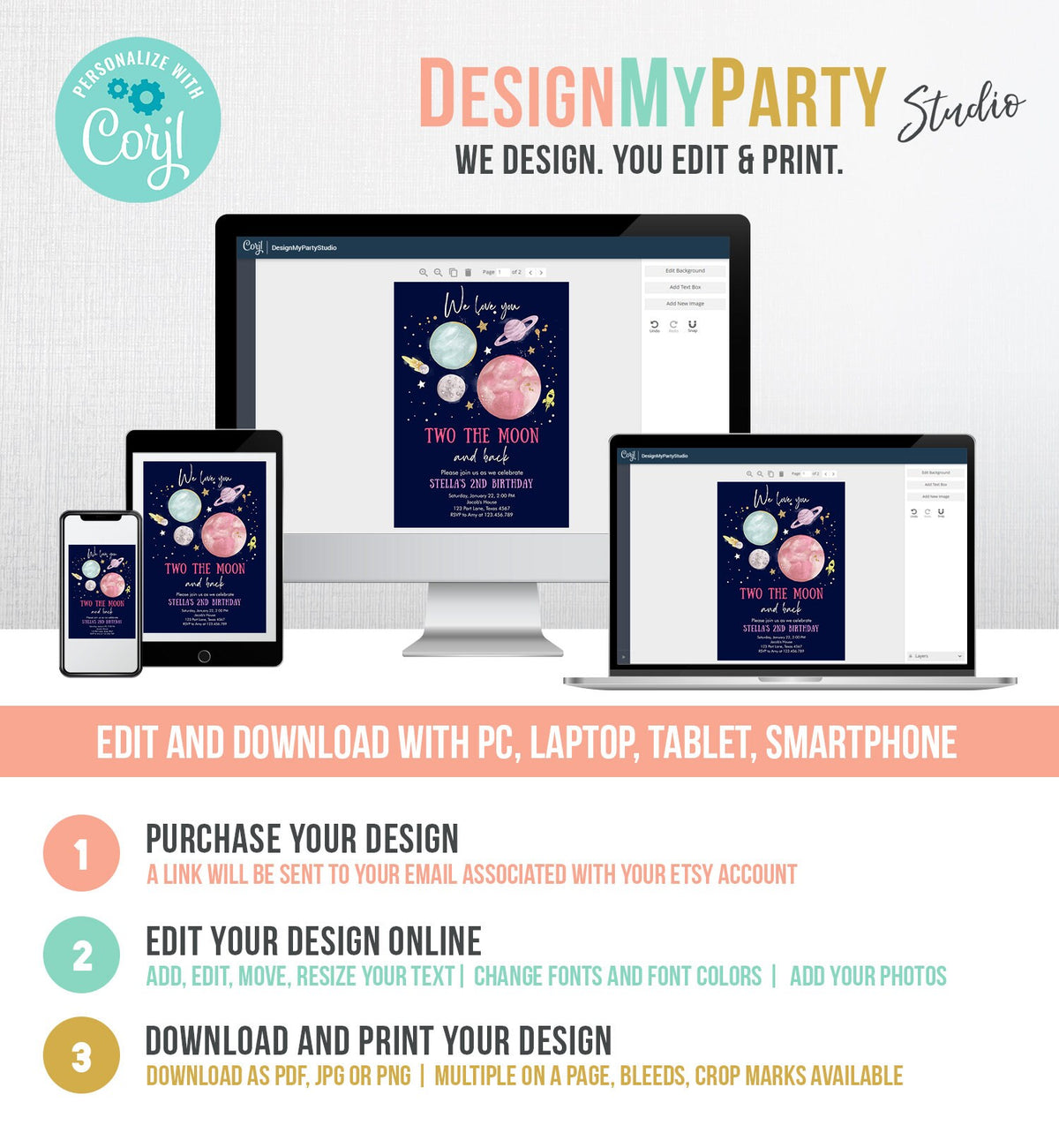 Editable Two the Moon 2nd Birthday Invitation Girl Pink Space Love you Two the moon Galaxy Download Printable Template Digital Corjl 0357