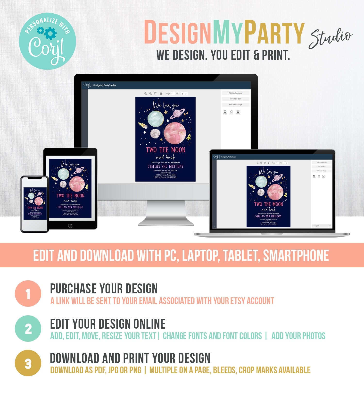 Editable Two the Moon 2nd Birthday Invitation Girl Pink Space Love you Two the moon Galaxy Download Printable Template Digital Corjl 0357