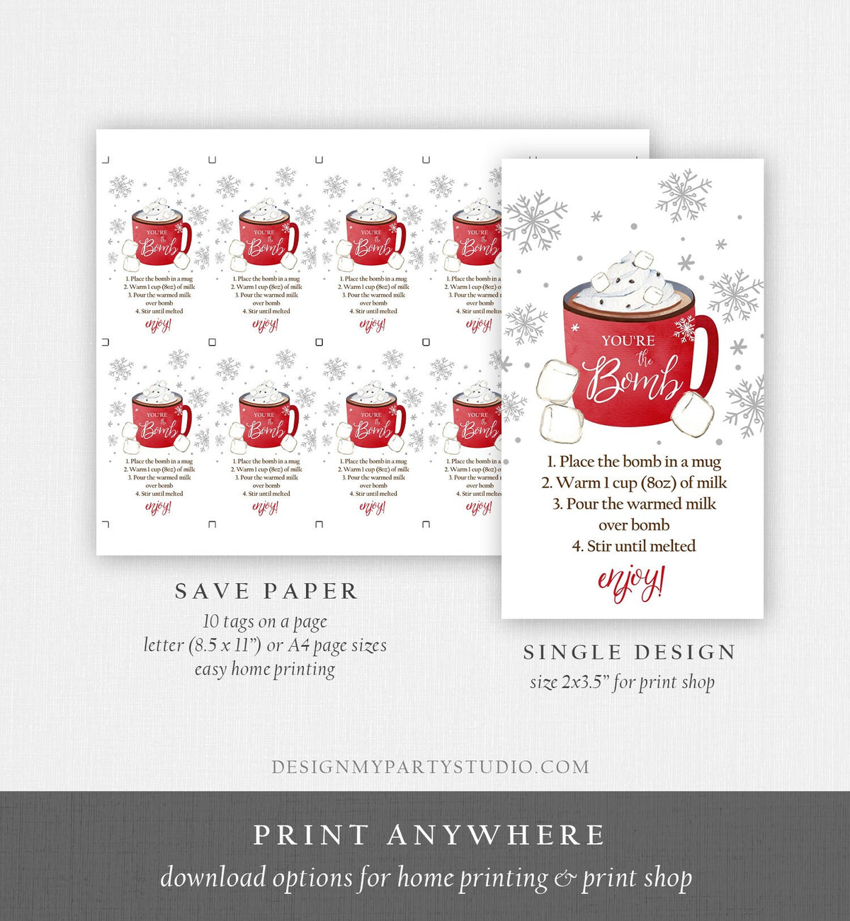 Editable Hot Chocolate Bomb Tags Bomb Instructions Cookies and Cocoa Favor Tags Winter Christmas You&#39;re The Bomb Digital PRINTABLE 0353