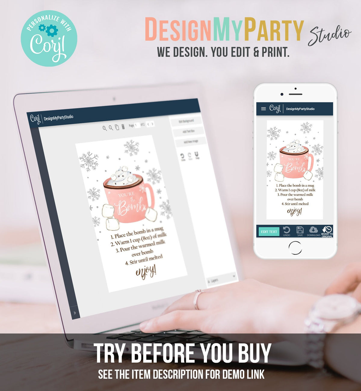 Editable Hot Chocolate Bomb Tags Bomb Instructions Cookies and Cocoa Favor Tags Winter Christmas You&#39;re The Bomb Pink Digital PRINTABLE 0353