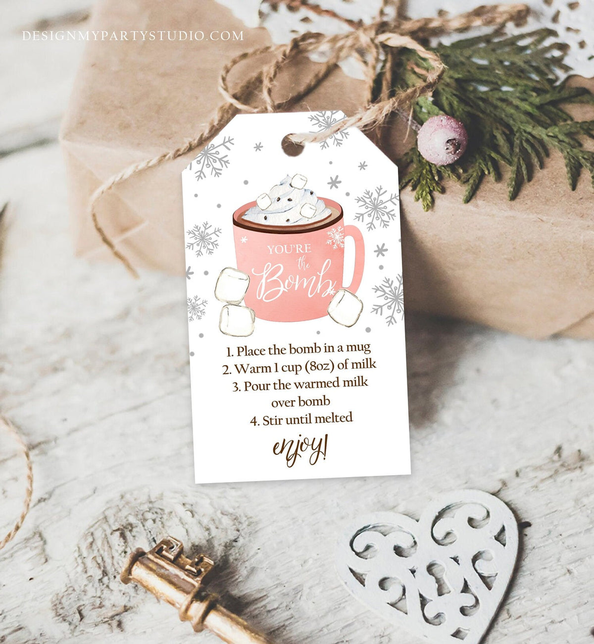 Editable Hot Chocolate Bomb Tags Bomb Instructions Cookies and Cocoa Favor Tags Winter Christmas You&#39;re The Bomb Pink Digital PRINTABLE 0353