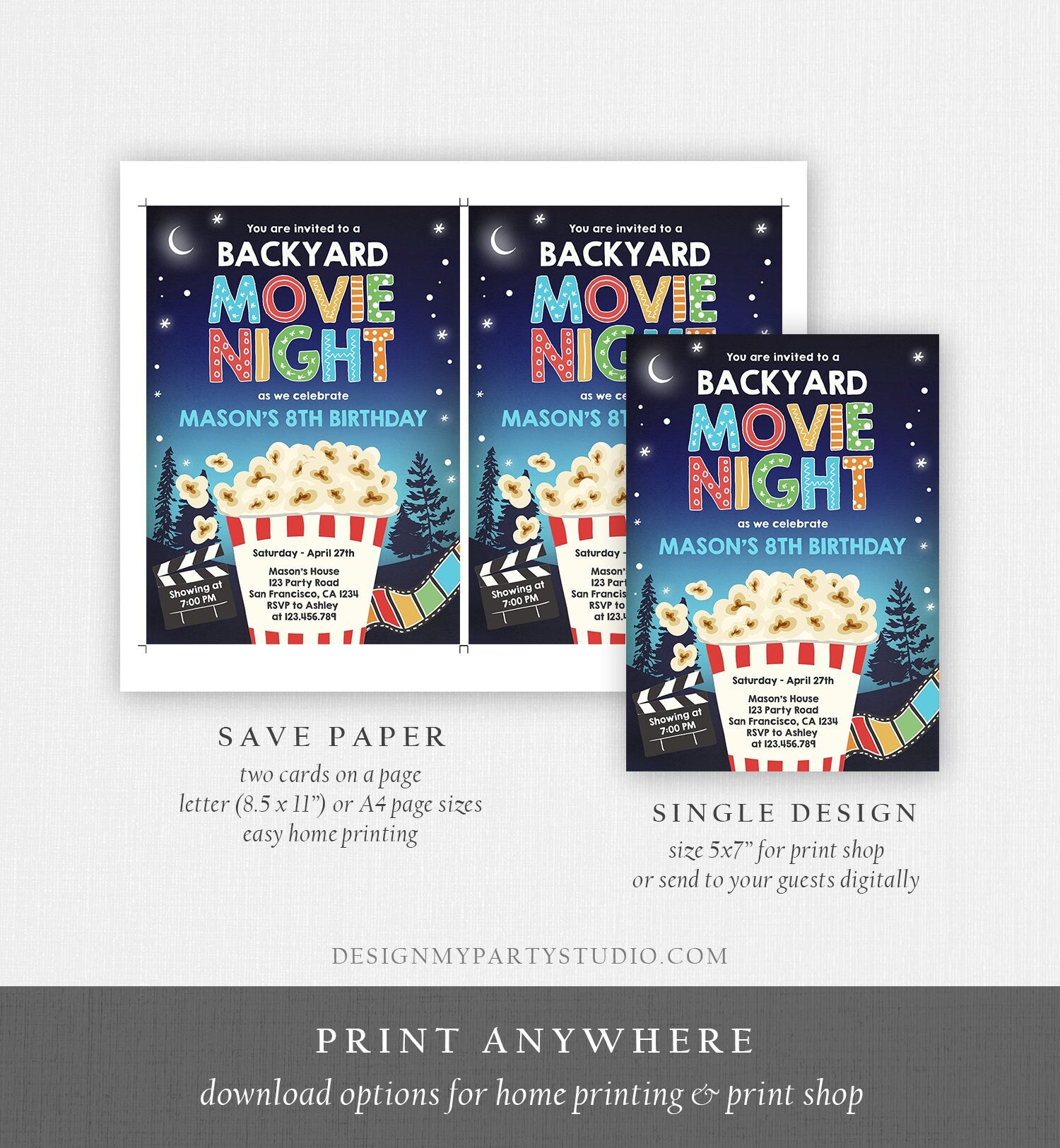 Editable Backyard Movie Night Birthday Invitation Boy Outdoor Movie Under The Stars Cinema Popcorn Sleepover Party Corjl Template 0367