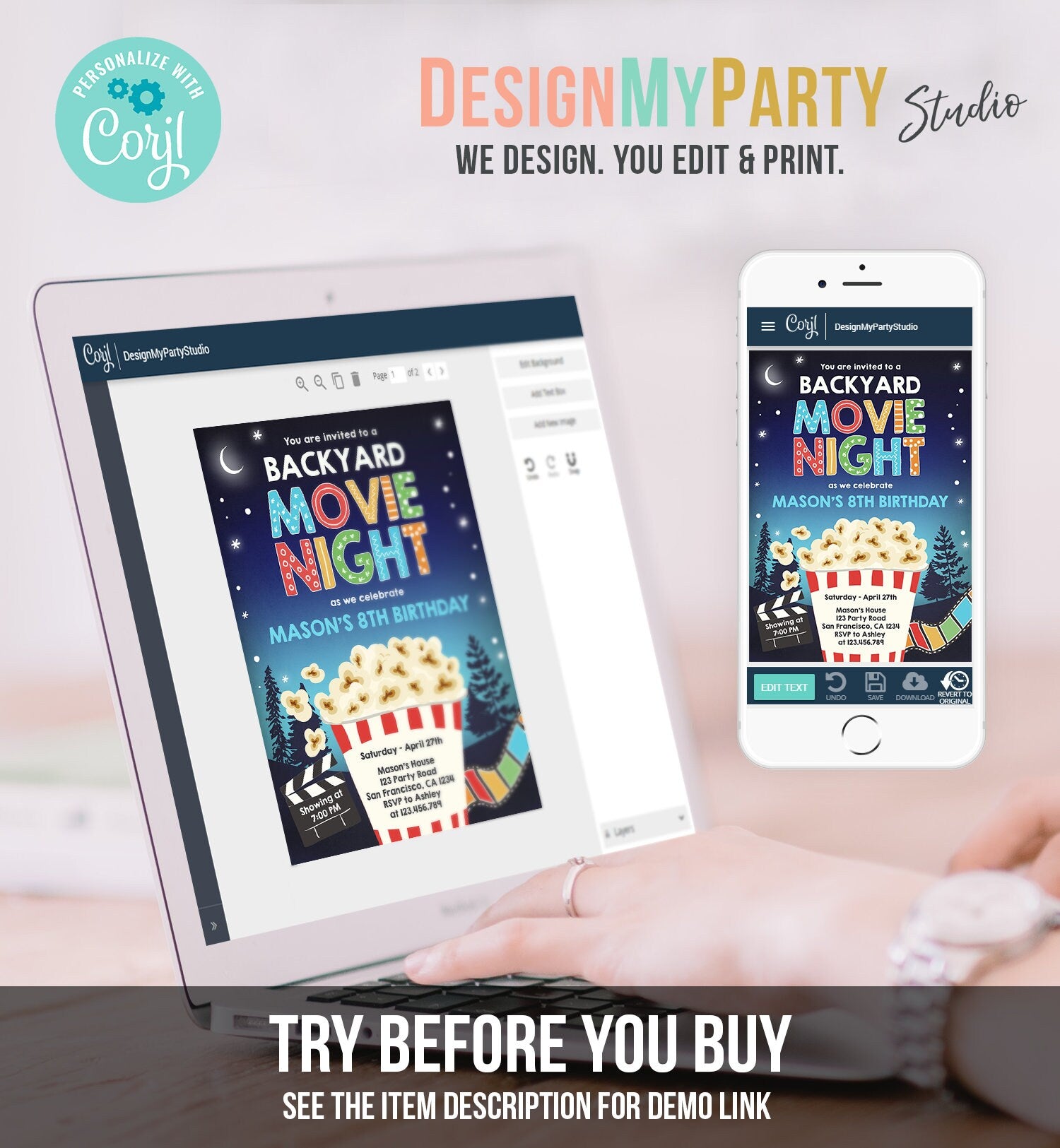 Editable Backyard Movie Night Birthday Invitation Boy Outdoor Movie Under The Stars Cinema Popcorn Sleepover Party Corjl Template 0367