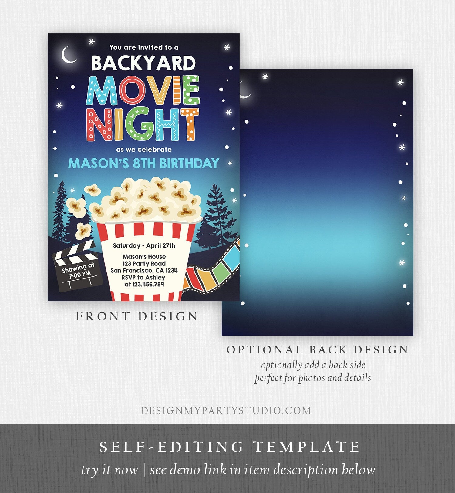 Editable Backyard Movie Night Birthday Invitation Boy Outdoor Movie Under The Stars Cinema Popcorn Sleepover Party Corjl Template 0367