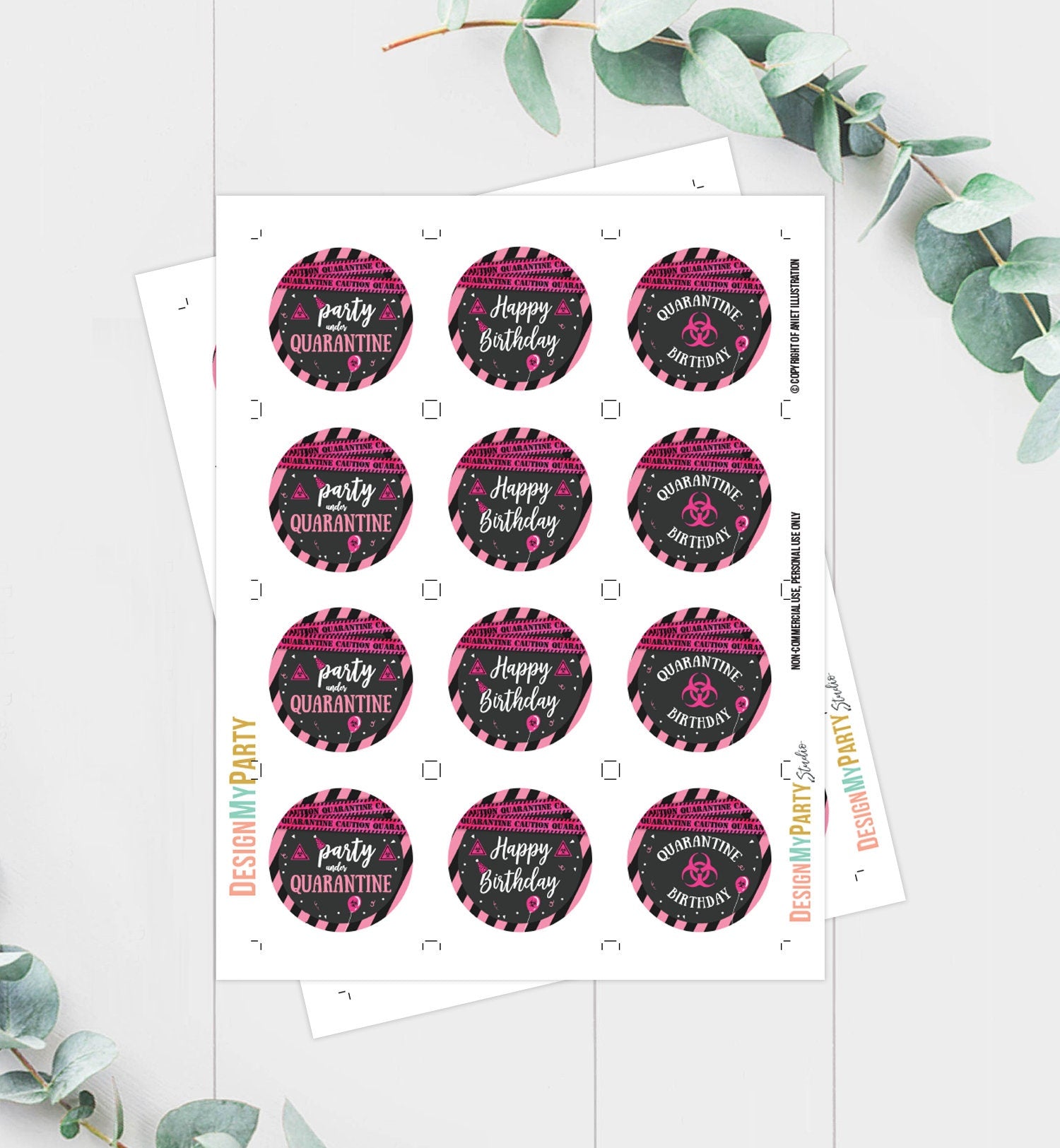 Quarantine Cupcake Toppers Favor Tags Birthday Party Pink Social Distancing Drive By Through No One Invited Download Digital PRINTABLE 0334