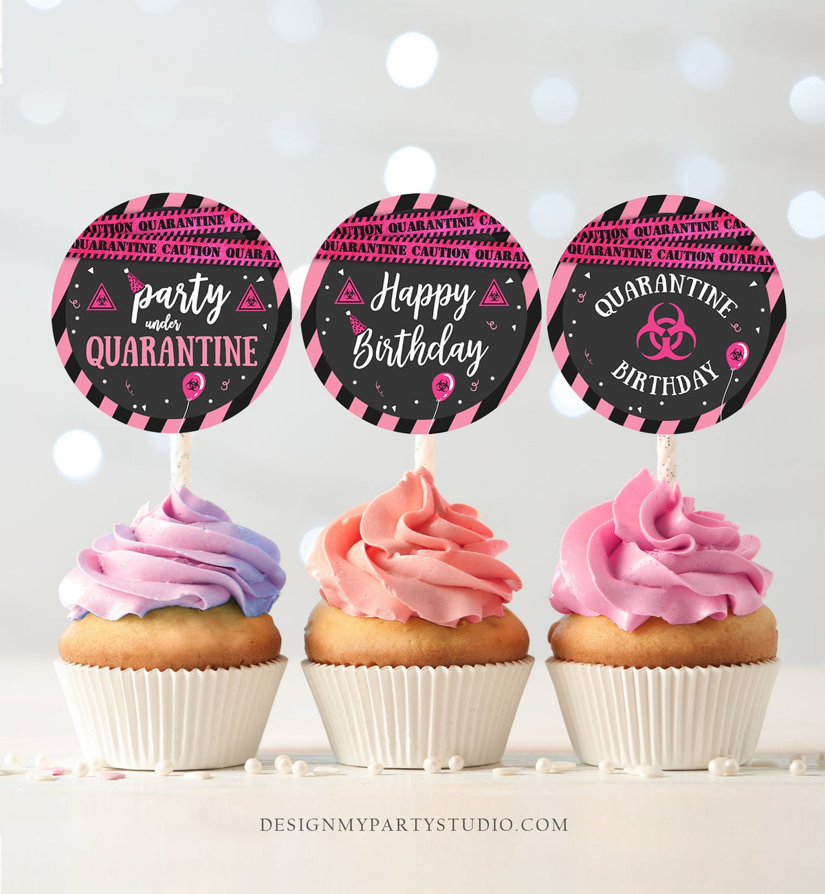 Quarantine Cupcake Toppers Favor Tags Birthday Party Pink Social Distancing Drive By Through No One Invited Download Digital PRINTABLE 0334