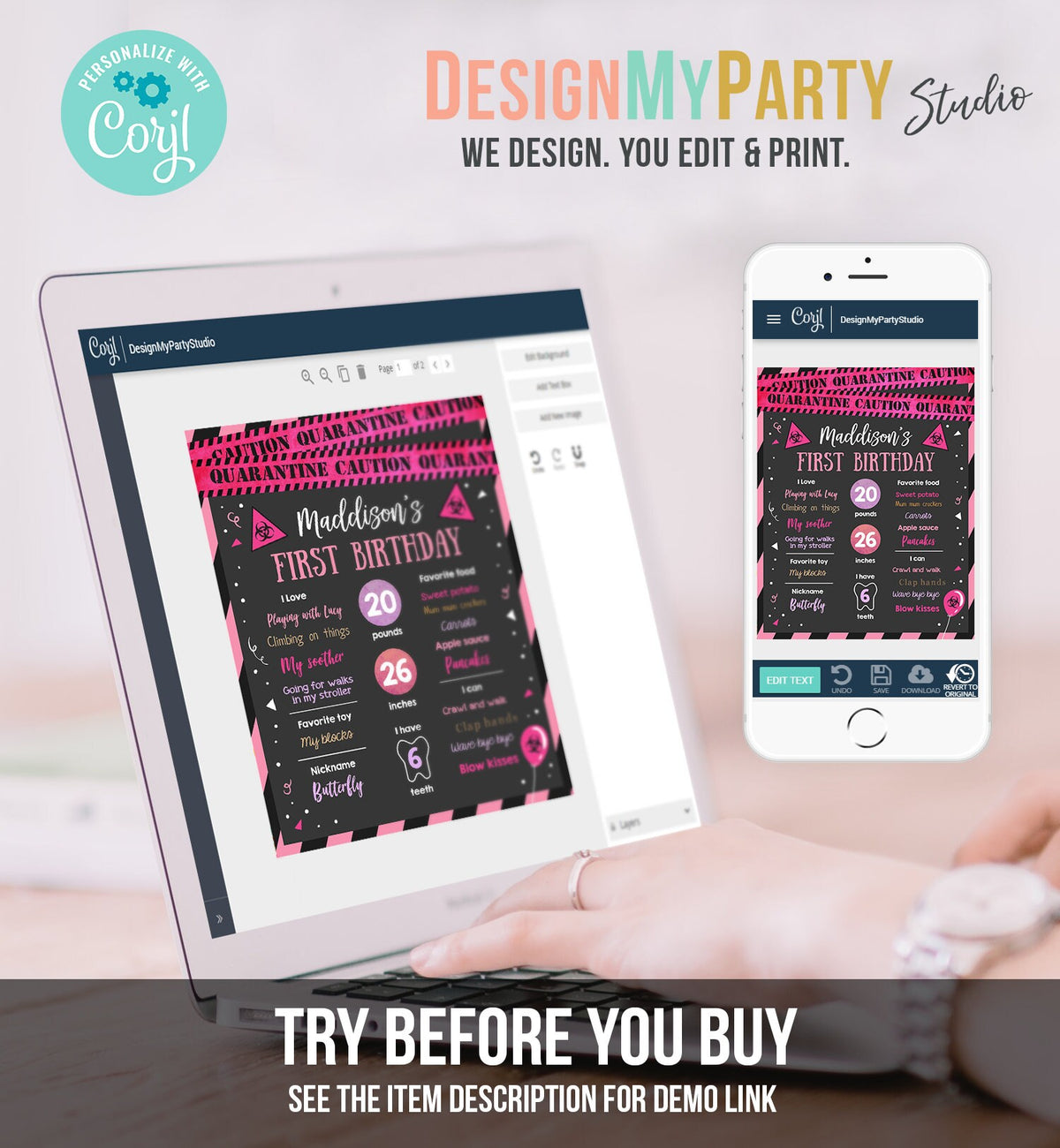 Editable Quarantine Birthday Milestones Sign Pink Girl First Birthday Poster Infographic 1st Drive By Through Template Printable Corjl 0334