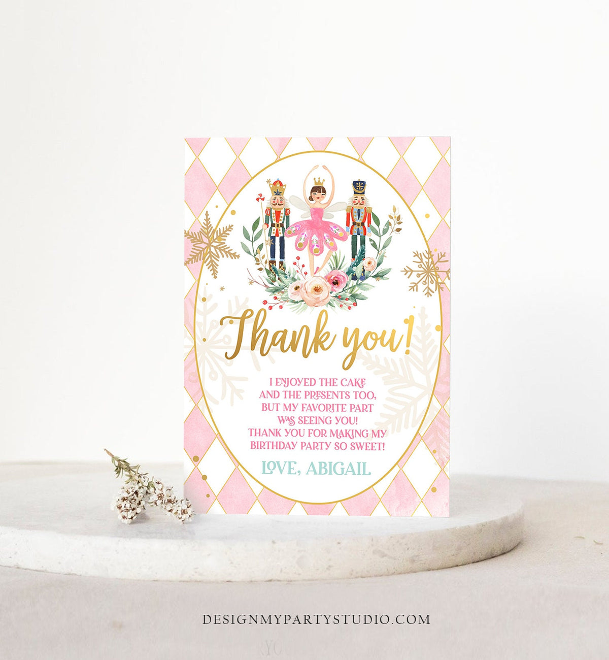 Editable Thank You Card Nutcracker Birthday Land of Sweets Thank You Note Sugar Plum Fairy Girl Pink Gold Label Corjl Template Digital 0352