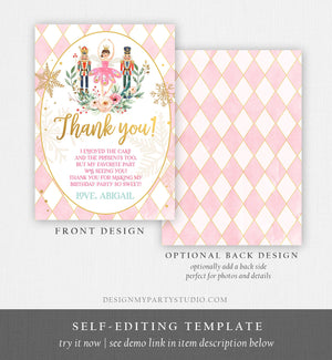 Editable Thank You Card Nutcracker Birthday Land of Sweets Thank You Note Sugar Plum Fairy Girl Pink Gold Label Corjl Template Digital 0352