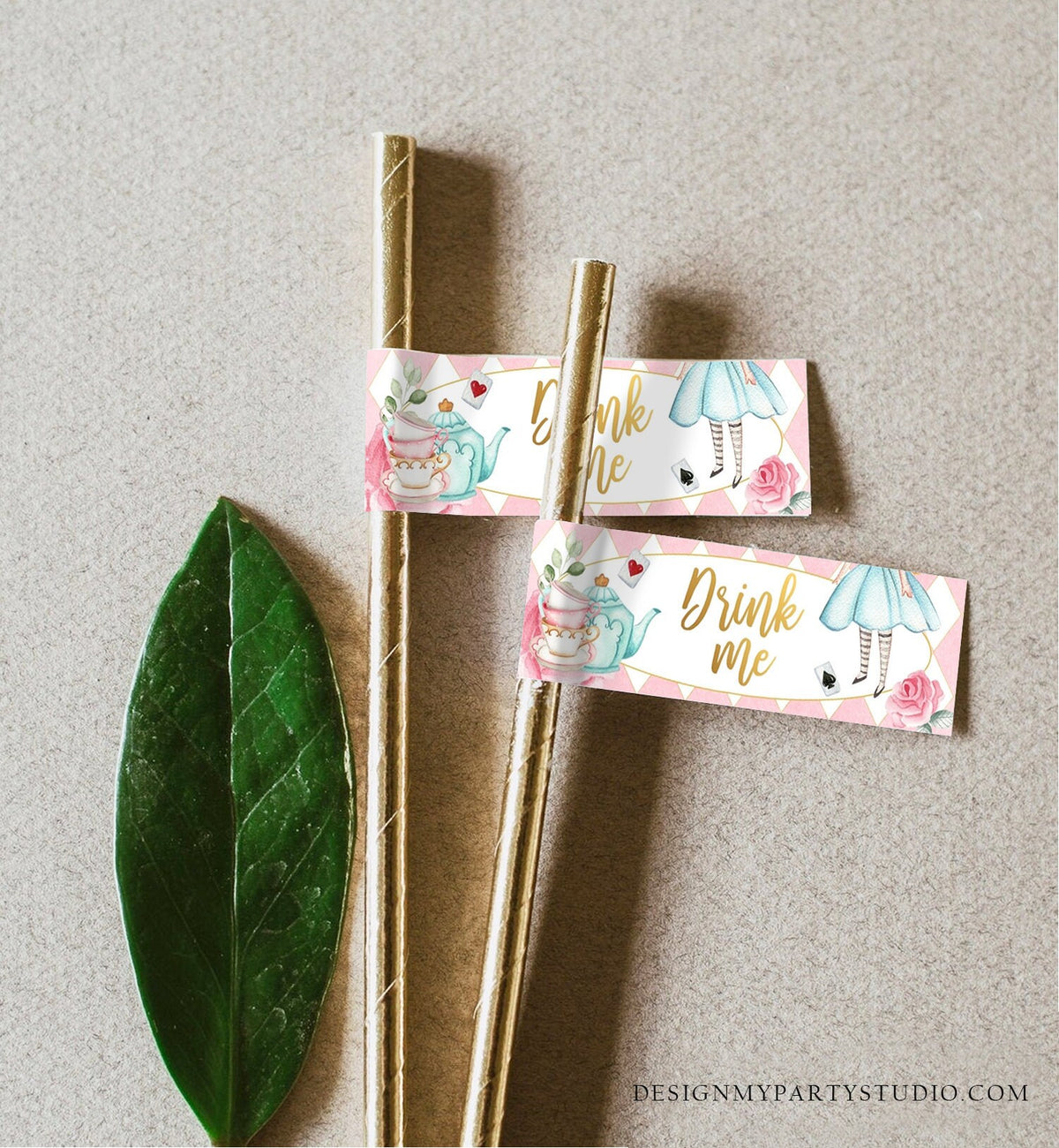 Editable Alice in Wonderland Straw Tag Drink Me Straw Flag Alice in Onederland Mad Tea Party Straw Label Pink Gold Girl Corjl 0350