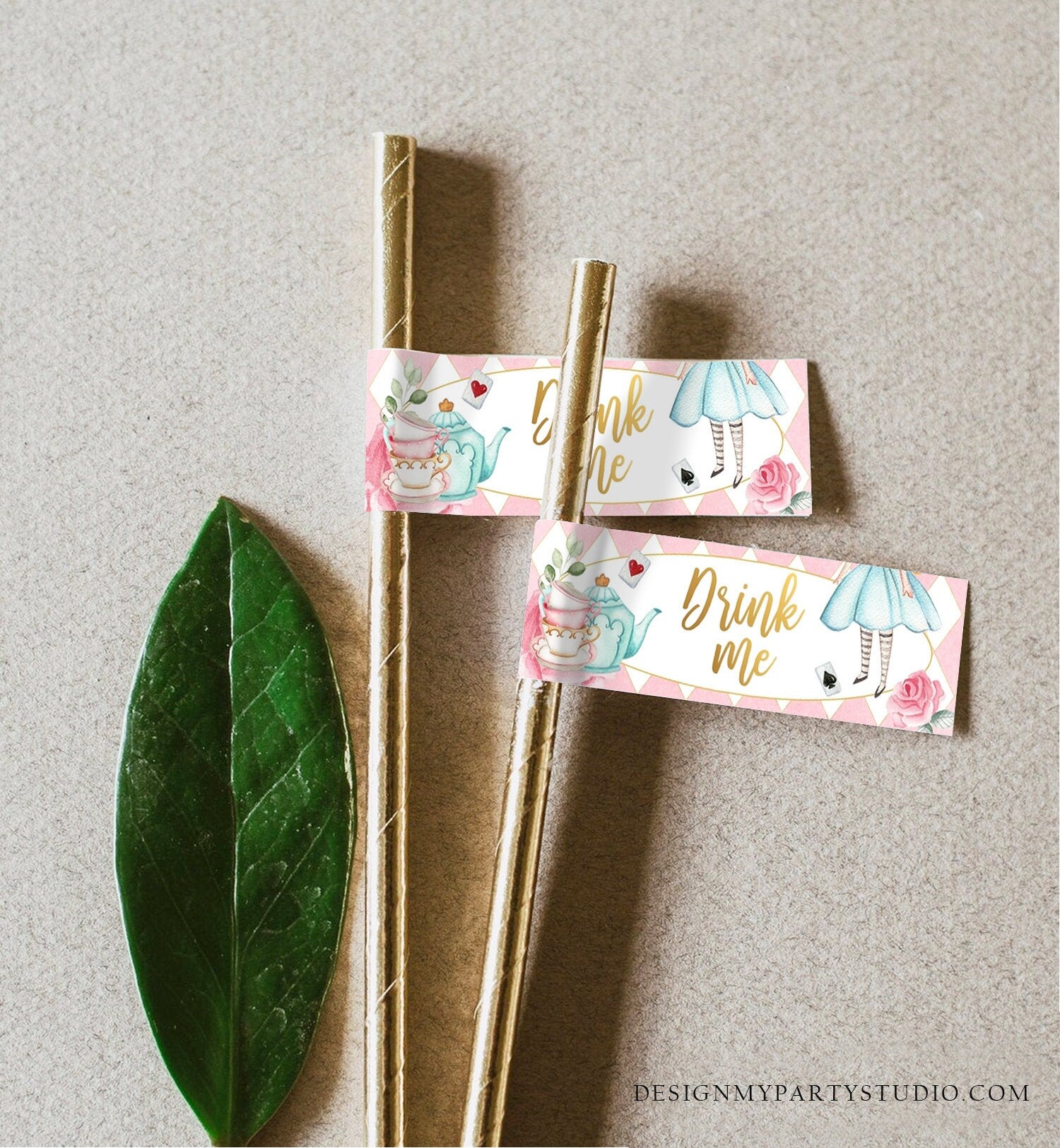 Editable Alice in Wonderland Straw Tag Drink Me Straw Flag Alice in Onederland Mad Tea Party Straw Label Pink Gold Girl Corjl 0350