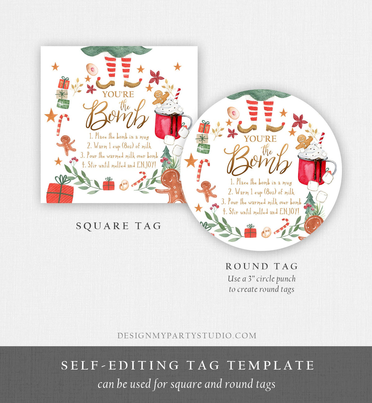 Editable Hot Chocolate Bomb Tags Elf Bomb Instructions Cocoa Favor Tags Elf Party Christmas Elf Visit Elf Birthday Digital PRINTABLE 0358