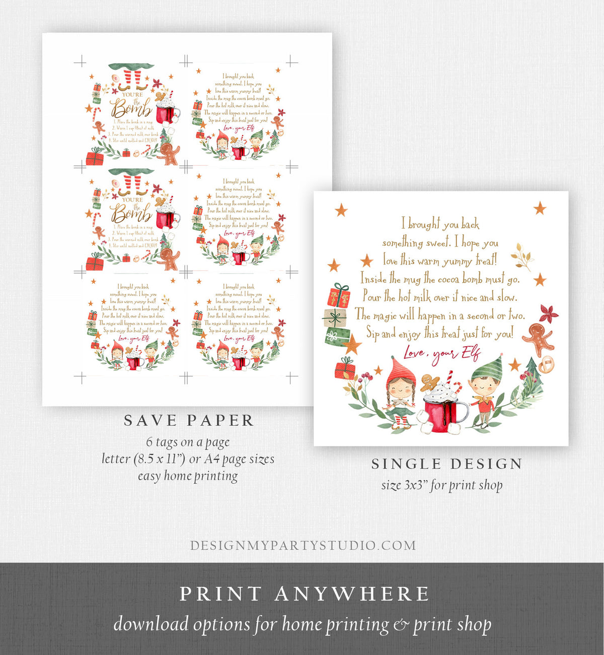 Editable Elf Hot Chocolate Bomb Tags Bomb Instructions Cocoa Favor Tags Elf Party Christmas Elves Visit Elf Birthday Digital PRINTABLE 0358