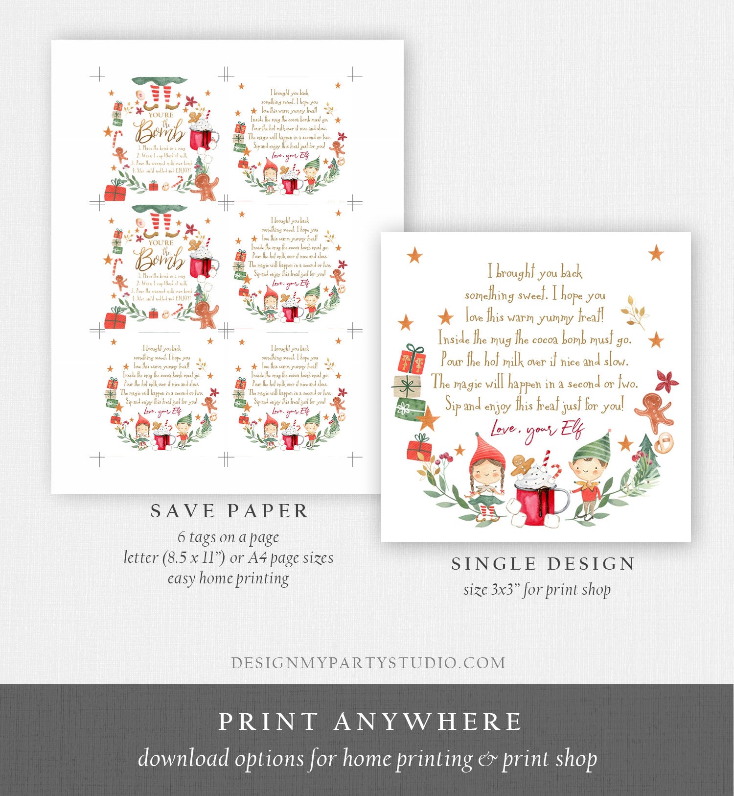 Editable Elf Hot Chocolate Bomb Tags Bomb Instructions Cocoa Favor Tags Elf Party Christmas Elves Visit Elf Birthday Digital PRINTABLE 0358