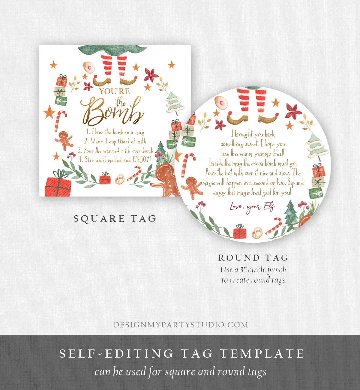 Editable Elf Hot Chocolate Bomb Tags Bomb Instructions Cocoa Favor Tag Elf Party Christmas Elf Visit Elf Birthday Digital PRINTABLE 0358