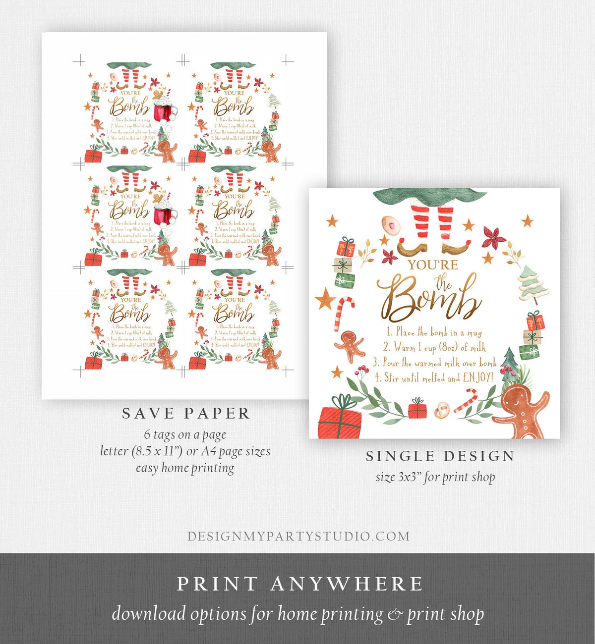 Editable Elf Hot Chocolate Bomb Tags Bomb Instructions Cocoa Favor Tag Elf Party Christmas Elf Visit Elf Birthday Digital PRINTABLE 0358