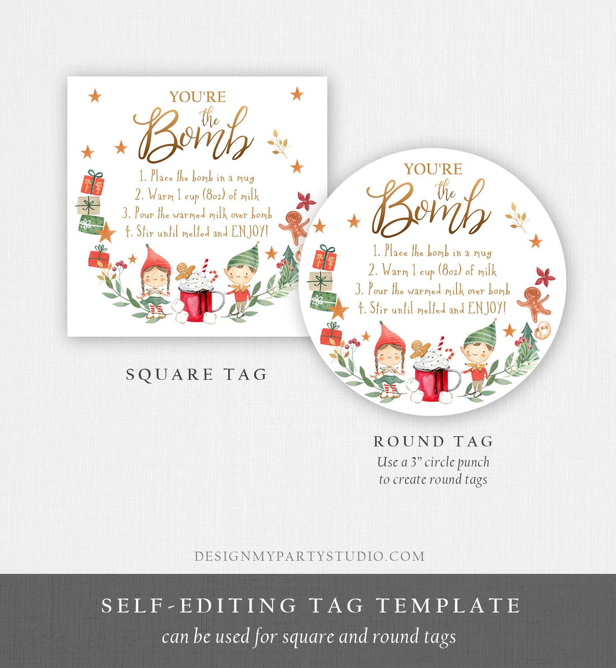 Editable Elf Hot Chocolate Bomb Tags Bomb Instructions Cocoa Favor Tags Elf Party Christmas Elves Visit Elf Birthday Digital PRINTABLE 0358