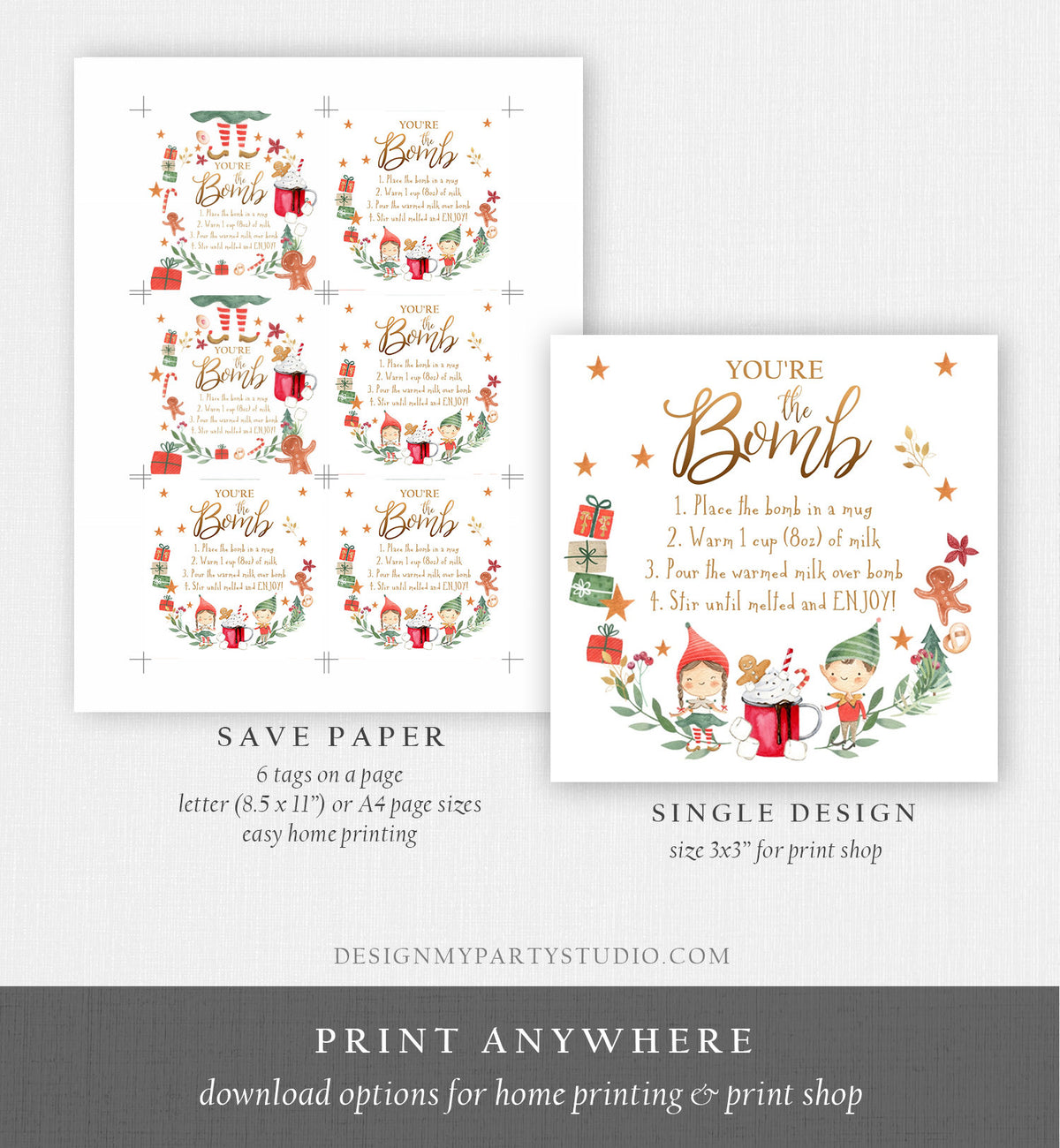 Editable Elf Hot Chocolate Bomb Tags Bomb Instructions Cocoa Favor Tags Elf Party Christmas Elves Visit Elf Birthday Digital PRINTABLE 0358