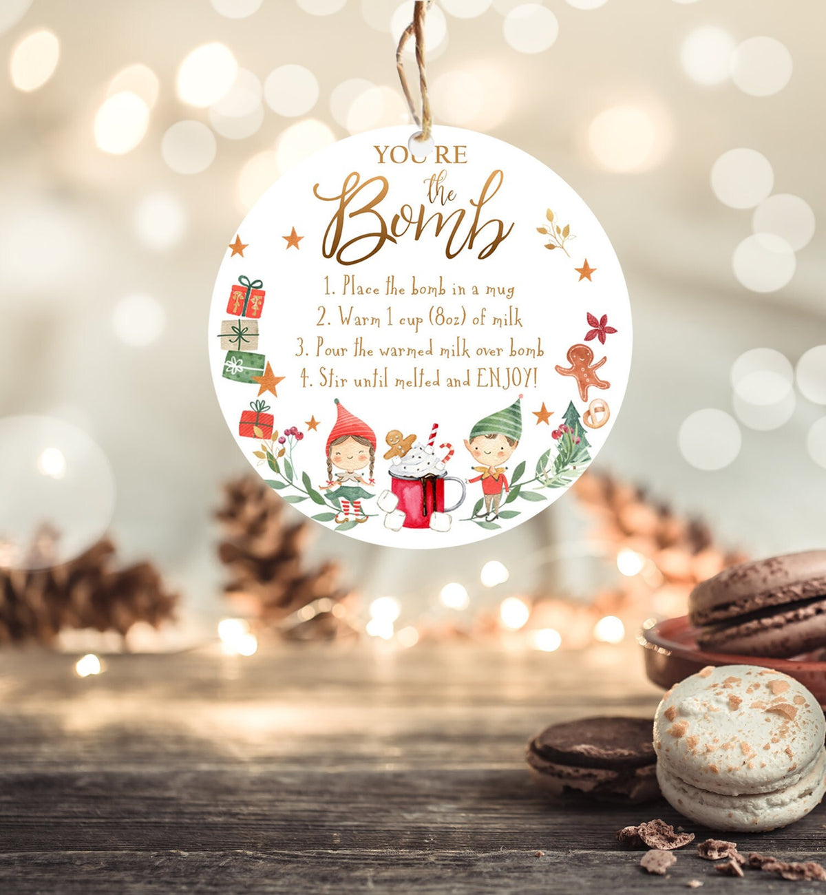 Editable Elf Hot Chocolate Bomb Tags Bomb Instructions Cocoa Favor Tags Elf Party Christmas Elves Visit Elf Birthday Digital PRINTABLE 0358