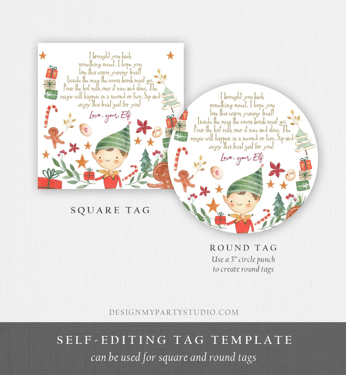 Editable Elf Hot Chocolate Bomb Tags Bomb Instructions Cocoa Favor Tags Elf Party Christmas Elf Visit Elf Birthday Digital PRINTABLE 0358