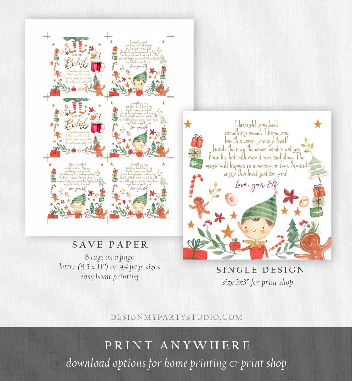 Editable Elf Hot Chocolate Bomb Tags Bomb Instructions Cocoa Favor Tags Elf Party Christmas Elf Visit Elf Birthday Digital PRINTABLE 0358