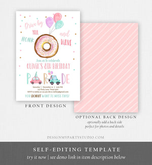 Editable Drive By Donut Birthday Parade Invitation Balloons Rainbow Party Honk Wave Car Girl Pink Drive Through Download Corjl Template 0368