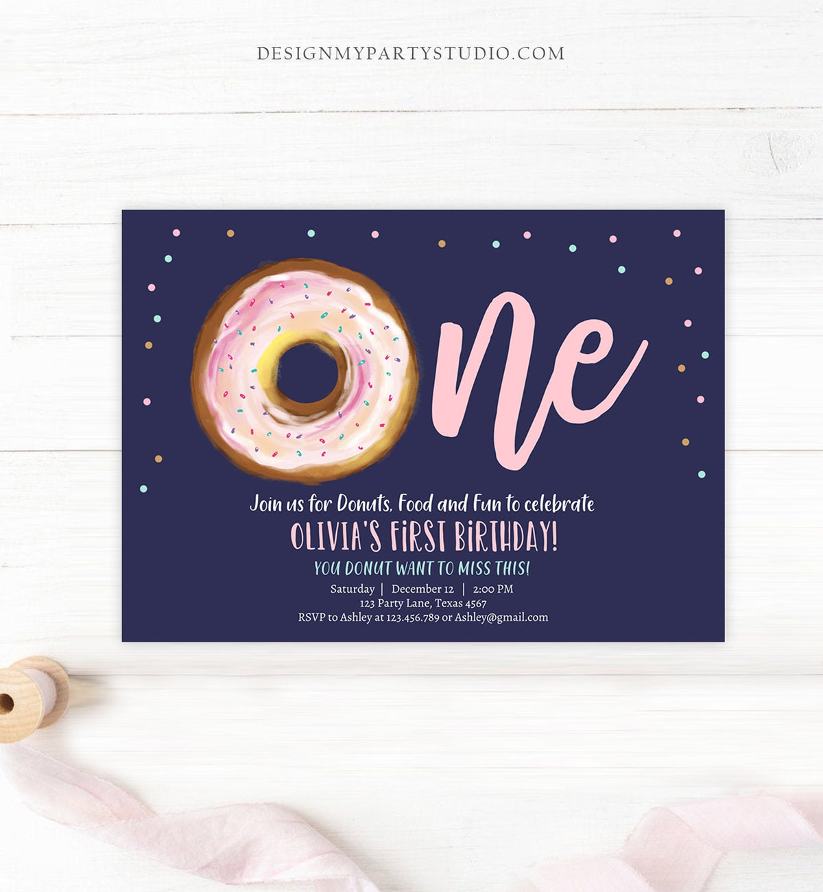 Editable Donut 1st Birthday Invitation First Birthday Invite Pink Donut Girl Doughnut Sweet Digital Download Printable Template Corjl 0368
