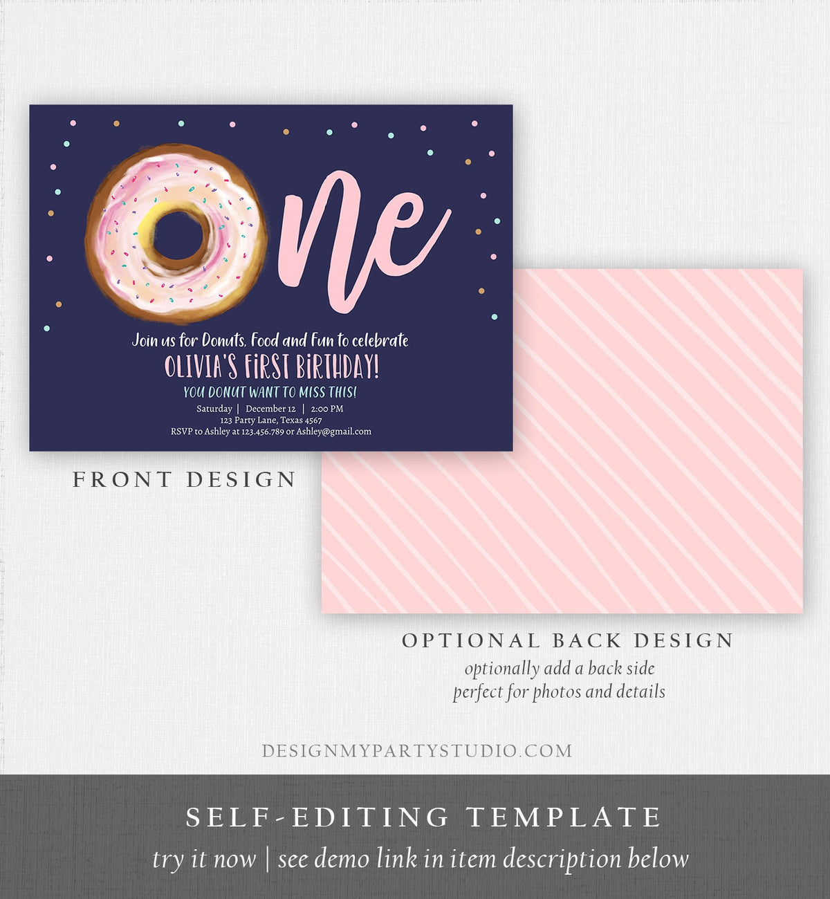 Editable Donut 1st Birthday Invitation First Birthday Invite Pink Donut Girl Doughnut Sweet Digital Download Printable Template Corjl 0368